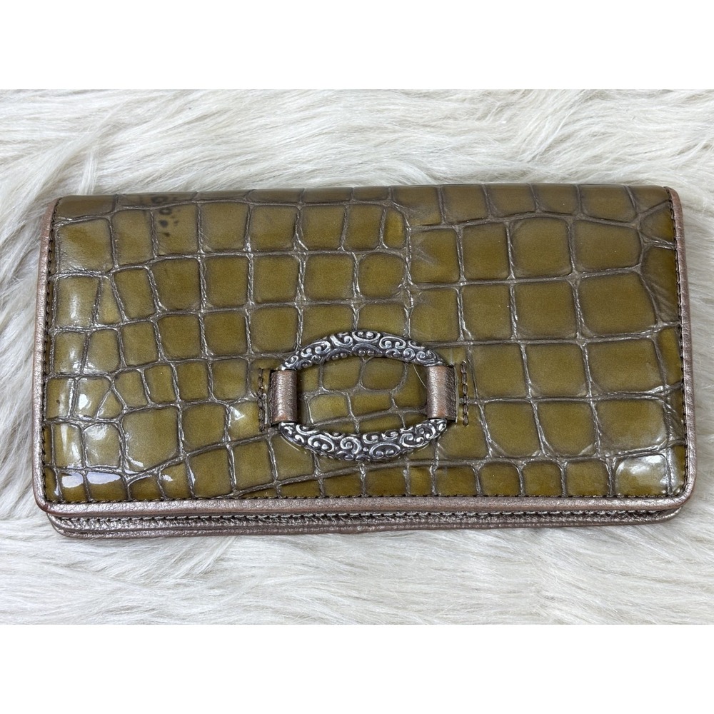 Brighton Green Croc Embossed Patent Leather‎ Organizer Wallet Clutch Chic